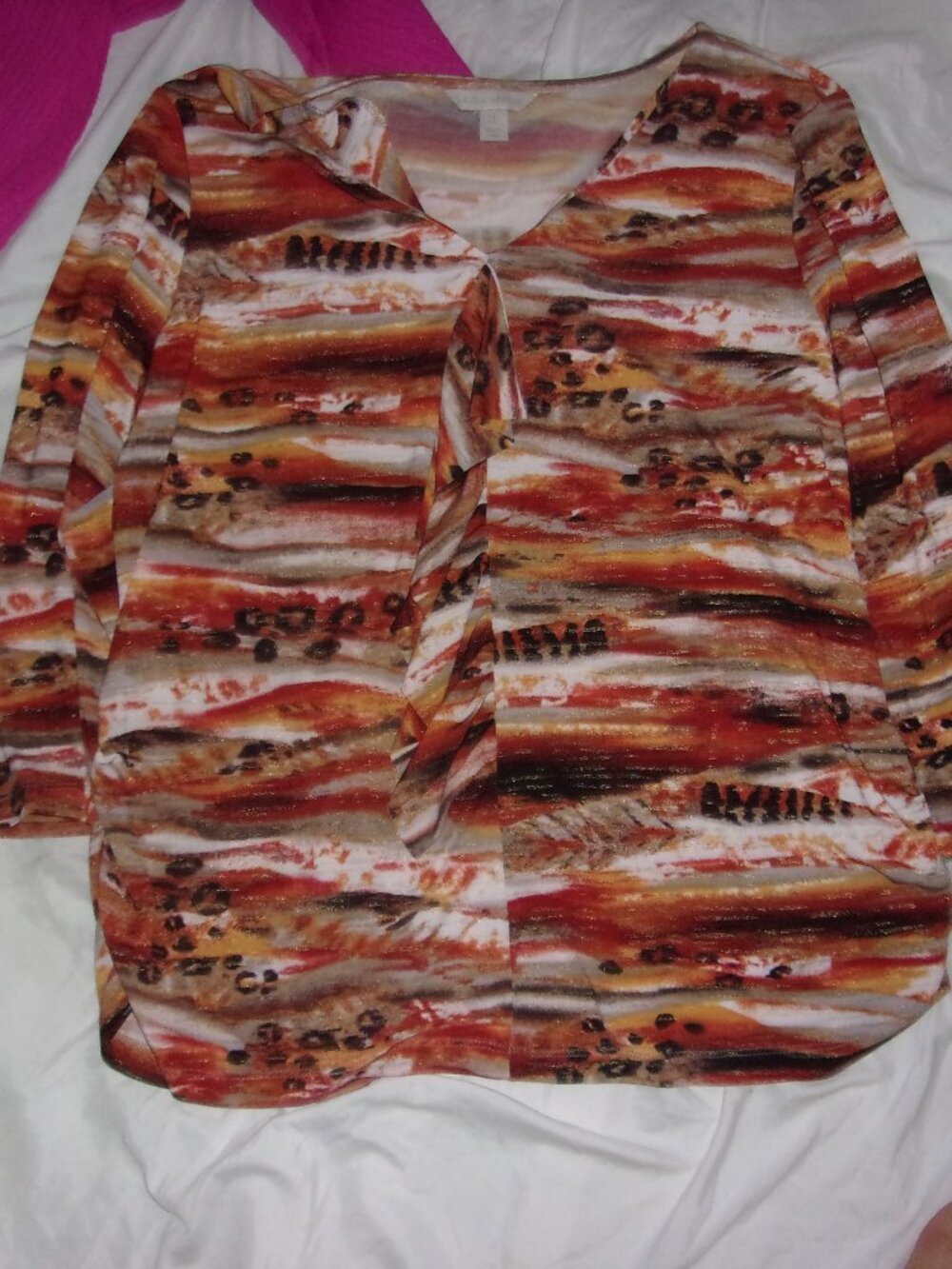 size extra large womens top orange white print blouse casual shirt